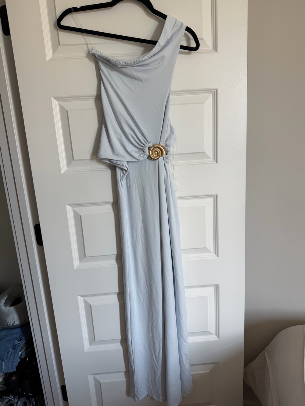 Peppermayo One-Shoulder Light Blue Maxi Dress with Gold Buckle